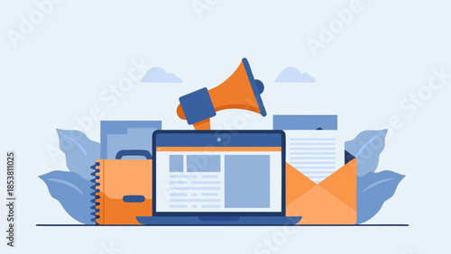 Illustration of a laptop with a website displayed, a megaphone, and stationery items on a light background