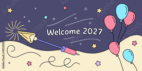 Welcome 2027 – Balloons, Confetti, and Party Popper Celebration for New Year Festivities
