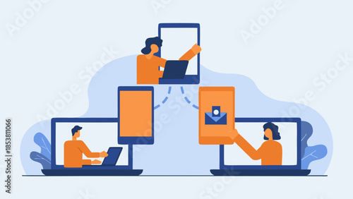 Illustration of people using laptops and mobile devices in a connected network environment online for work