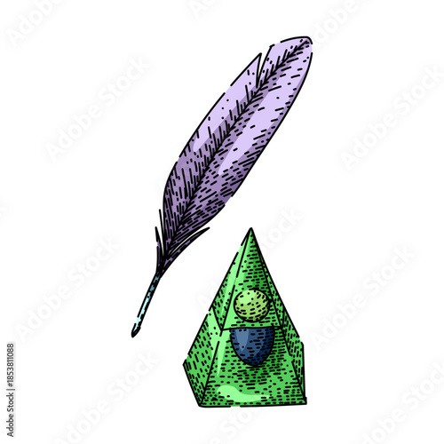Quill pen and unique pyramidal inkwell standing together, symbolizing historical writing, literature, traditional communication, and artistic expression with a vintage hand drawn style