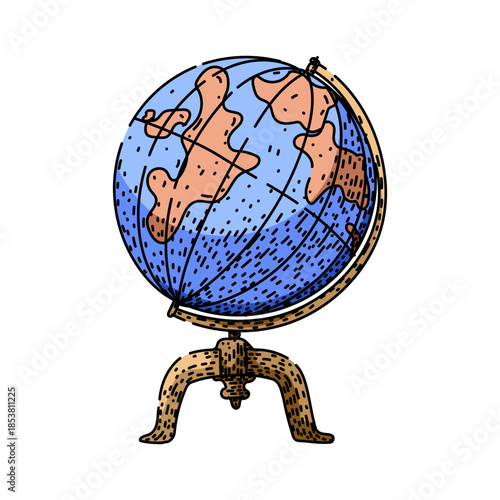 Detailed hand drawn illustration of a vintage style terrestrial globe with continents in brown and oceans in blue, symbolizing travel, geography, education, and global exploration