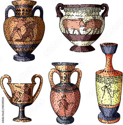 Collection of stylized ancient greek amphorae, kraters, and cups, featuring hand drawn motifs depicting mythological scenes, animal figures, and geometric patterns, illustrating classical pottery