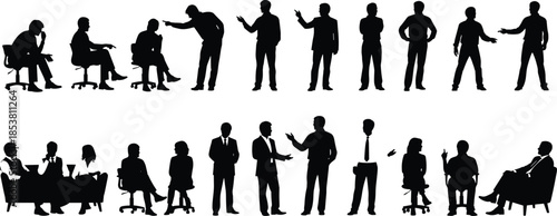 Business meeting silhouettes, corporate office discussion poses, team communication figures, professional people illustration, workplace interaction vector set, business teamwork graphics