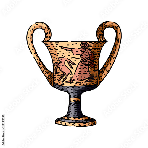 Ancient grecian vase featuring a classic two handled design and intricate artwork, showing a mythological figure interacting with a animal, symbolizing antique history and culture
