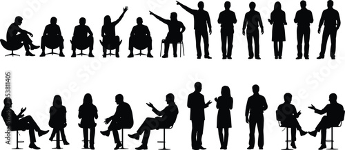 Business meeting silhouettes, office discussion poses, professional teamwork illustration, corporate communication figures, workplace interaction vector set, business people talking and sitting