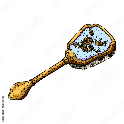 Ornate golden vintage hairbrush with a decorative blue back panel featuring a flowing floral and bird design, perfect for concepts of elegance, classic beauty, and retro charm