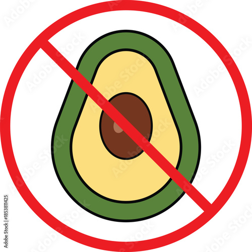 no avocado icon. Food allergy prohibition symbols. Avocado forbidden graphic design. Dietary restriction and safety signs. Pet safety and toxin warning signs