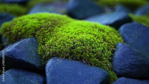 Moss growing on dark blue rock footage