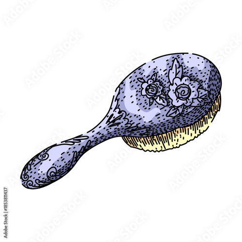 Ornate hairbrush illustration featuring intricate floral patterns and classic engraving style, representing elegance, personal care, and traditional accessories for grooming