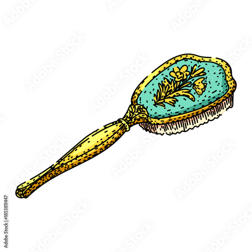 Vintage hairbrush illustration featuring elegant baroque floral ornamentation, representing luxury, grooming, retro fashion, and collectible antique beauty tools from a past era