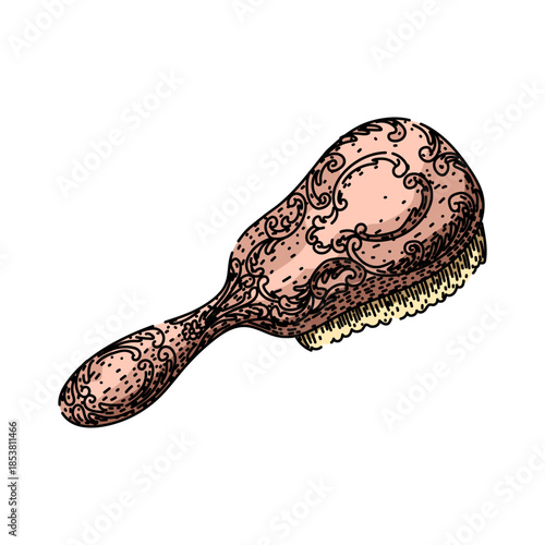 Vintage hairbrush hand drawn in a retro engraving style, featuring intricate ornamental patterns and a classic design, representing beauty, grooming, and personal care accessories