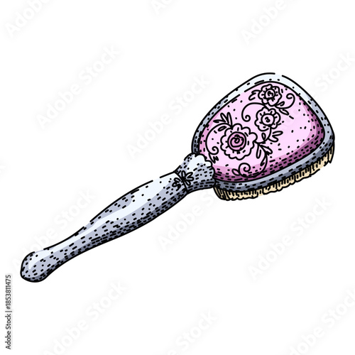 Vintage hairbrush featuring an elegant decorative floral pattern on a pink surface, a classic accessory representing beauty, grooming, and personal care with an antique style illustration