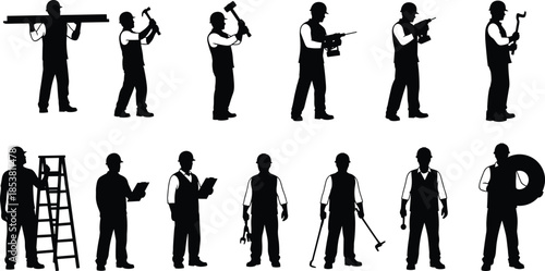 Construction worker silhouettes, industrial labor poses, tools and equipment set, builder activities, vector illustration, black worker shapes, construction industry graphics
