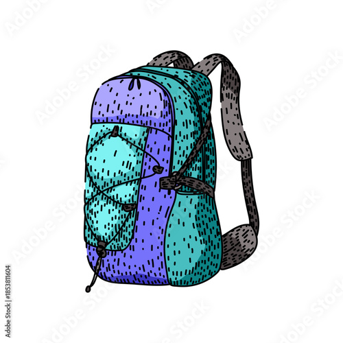 Hiking backpack featuring teal and purple colors with distinct straps and a bungee cord system, symbolizing travel, trekking, and exploration in the outdoors