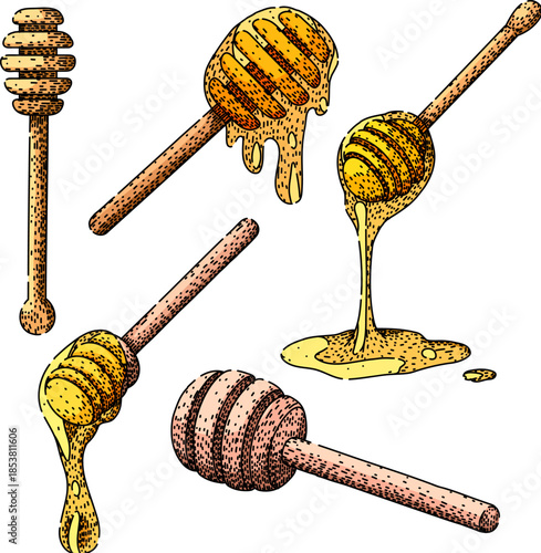 Collection of stylized honey dipper sticks presenting natural golden syrup flowing and dropping, illustrating organic food and traditional kitchen utensils