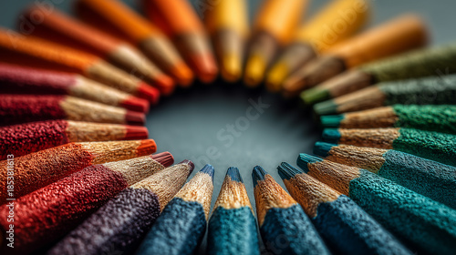 Circle of colored pencils in macro view, vibrant wooden texture symbolizing creativity, design, education, inspiration.
