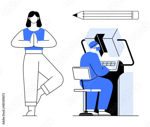 Wellness, productivity, work-life balance, remote work, office lifestyle, mindfulness practices. Female in yoga pose and person working at desk. Wellness and productivity concepts