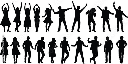 Dancing people silhouettes, party celebration poses, male and female dance figures, joyful movement illustration, modern dancer vector set, energetic human silhouettes