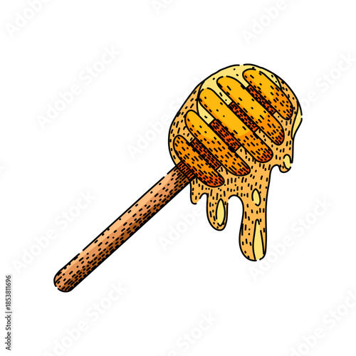 Honey dipper holding and dripping golden liquid honey, illustrating concepts of natural sweetness, organic food, and traditional beekeeping, presented in a vintage engraving style
