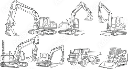Heavy Construction Equipment Collection with Excavators Dump Trucks and Pickup Truck Towing Mini Digger on Trailer Vector Illustration for Industry