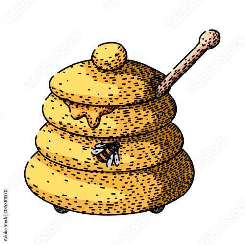 Honey jar illustration featuring a sweet golden liquid dripping down its textured, stacked levels, with a honey dipper emerging from the top and a busy bee hovering nearby