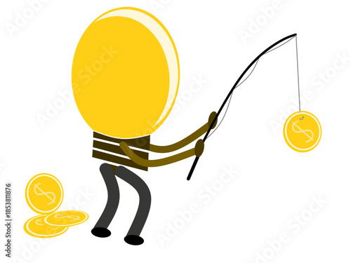 illustration of a character fishing for money coins, symbolizing chasing wealth, financial temptation, income pursuit, and money-driven motivation