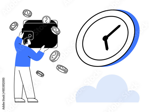 Financial planning, time management, personal budgeting, savings, investment, workplace productivity. Man holding wallet with coins, large clock and cloud icon. Financial planning and time
