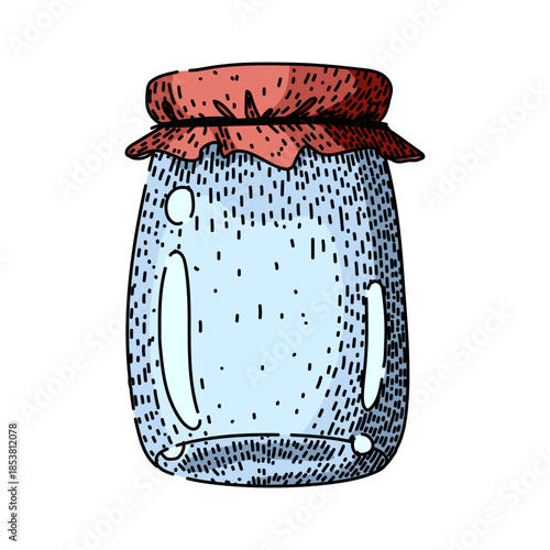 Preserved glass jar featuring a red fabric cover on its lid, sealing a refreshment inside with a classic, hand drawn vector art aesthetic on a plain background
