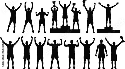 Silhouette athletes celebrating victory, raising trophies, flexing muscles, standing on podium, sports winners success concept, fitness champions achievement poses