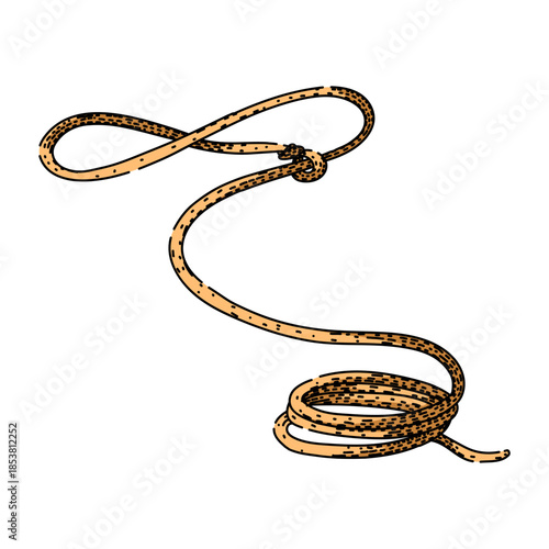 Coiled lasso with classic slipknot ready for use, line art western illustration evoking cowboy, ranching and vintage country life, isolated on white background
