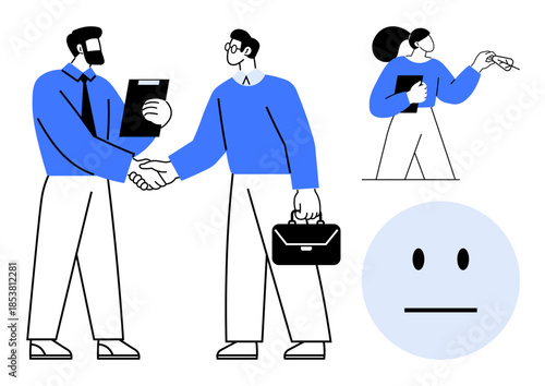 Career growth, teamwork, networking, professional skills, interpersonal communication, decision-making. Two businesspeople shaking hands and holding documents. Career growth and teamwork concept