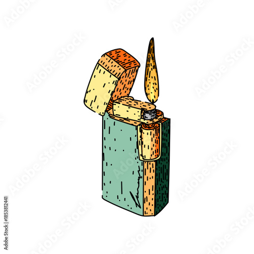 Vintage metal lighter with open lid and bright cartoon flame, hand drawn sketch style icon symbolizing ignition, heat, smoking, light, camping, or celebration