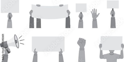 Protest Hands Holding Blank Signs and Megaphone Activism Vector Set