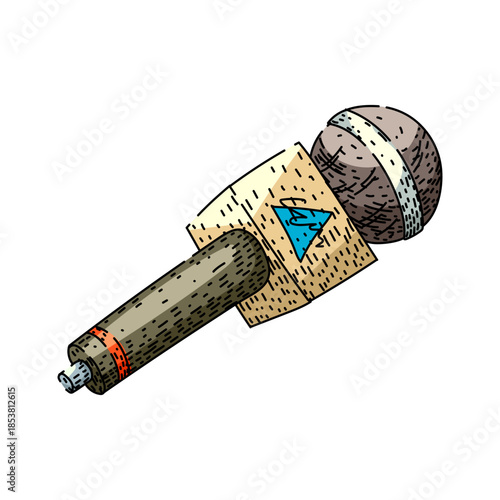 Microphone with a square flag representing journalism, reporting, and broadcasting news, used for interviews and public address, isolated on a white background