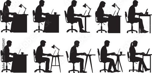 Office Professional Silhouettes at Desks and Ergonomic Workspace Elements