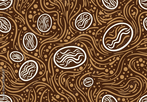 Seamless Coffee Bean Swirl Pattern and Brown Mocha Abstract Background