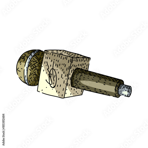 Stylized cartoon microphone representing journalism, broadcasting, and public speaking, communicating information and sound in a unique illustration style