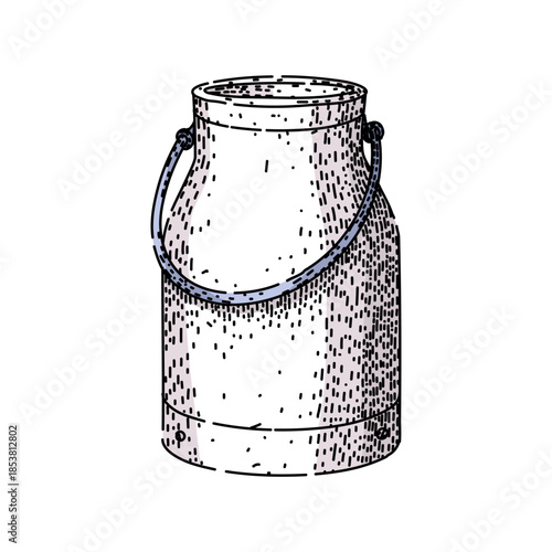 Milk can illustration with a rustic, engraved style, featuring a metal container with a handle, evoking traditional farm life and fresh dairy products