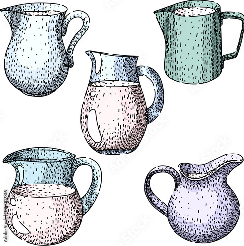 Five hand drawn milk jugs filled with various dairy products, showcasing a variety of kitchenware for breakfast beverages in a vintage sketch style on a clean white background