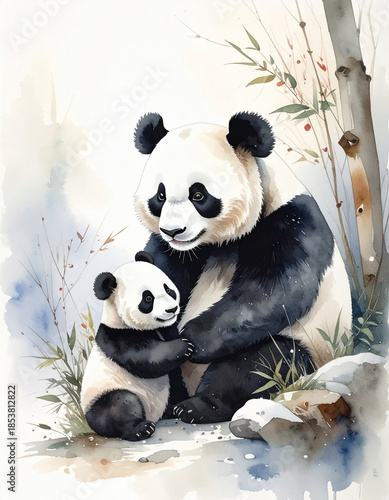 パンダの水彩画調のイラスト, AI生成画像