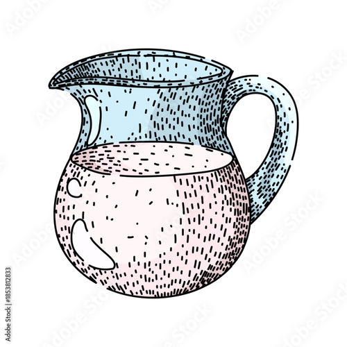 Hand drawn illustration depicting a rounded jug with a handle and spout, holding a pale liquid, rendered with a distinctive sketching and stippling texture