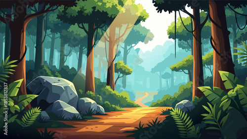 Vibrant forest path bathed in sunlight, a serene landscape illustration for nature and adventure themes