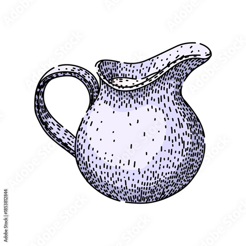 Classic ceramic milk jug illustration in vintage engraved woodcut style, hand drawn creamer pitcher outline isolated on white for tableware, kitchenware and beverage themes