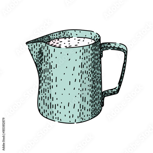 Illustrated milk jug containing white liquid, creating a graphic element representing breakfast, coffee beverages, and dairy products with a rustic, simple design