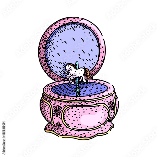 Pink music box featuring a carousel horse figurine rotating inside, with a reflective mirror on the lid, creating a nostalgic feeling of childhood memories and gentle melodies