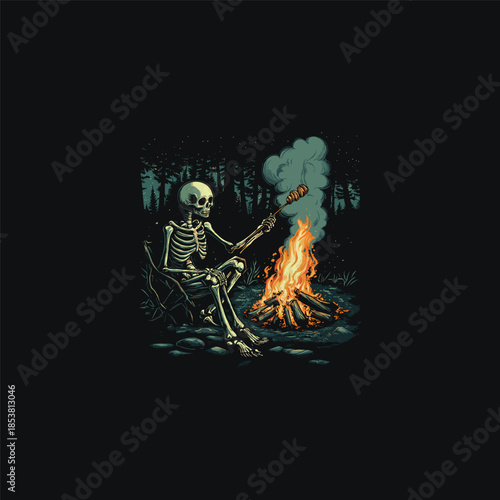 Vintage hand-drawn illustration of a skeleton sitting on a stool by a warm campfire at night, roasting a marshmallow on a stick under a starry sky.