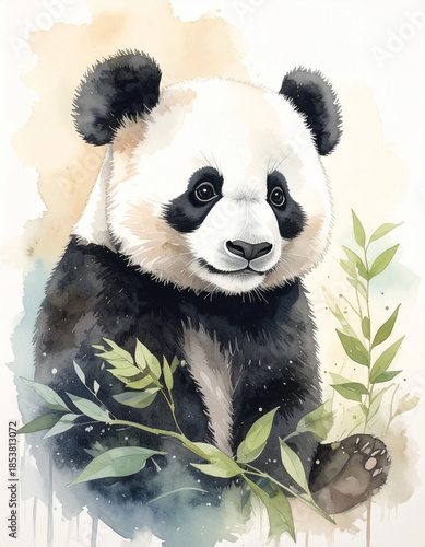 パンダの水彩画調のイラスト, AI生成画像