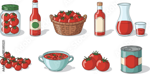 Set of fresh tomato illustrations featuring tomato soup ketchup juice canned tomatoes and organic farm vegetables isolated on white background