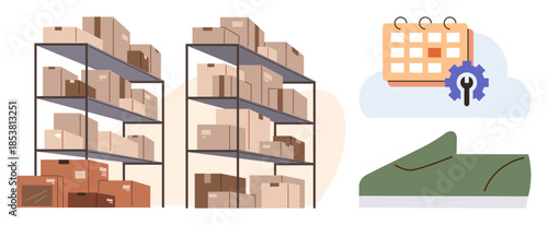 Warehouse racks filled with boxes, a calendar with a gear icon for scheduling, and a single shoe for product focus. Ideal for logistics, inventory, retail, planning, shipping, ecommerce