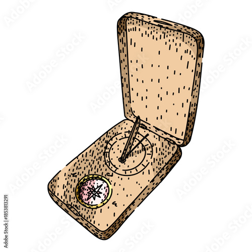 Old wooden pocket sundial with an integrated compass providing direction and time, representing traditional travel, exploration, and historical measuring instruments